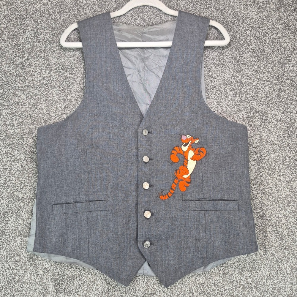 Vintage 1992 Too Cute Disney Tigger Waistcoat Vest Mens S/M Gray Made in USA